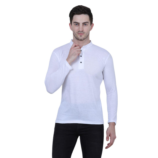 Men's Full Sleeves Solid White Cotton Blend T-Shirt