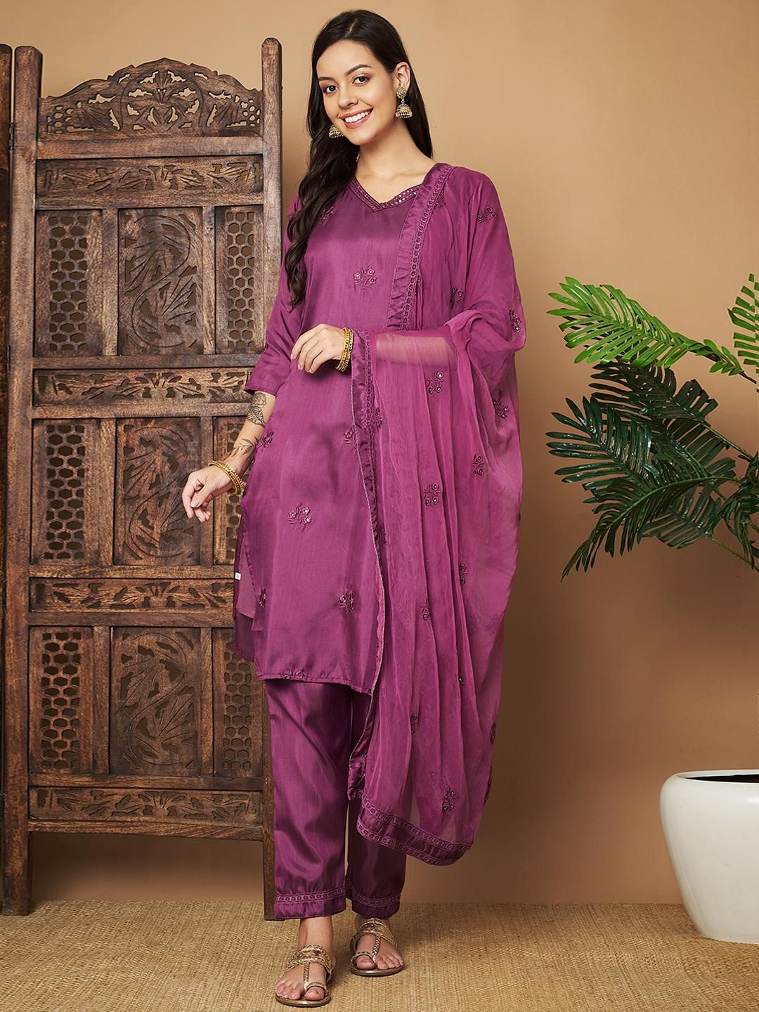 Embroidered Purple Silk Kurta Set for Women with Matching Dupatta