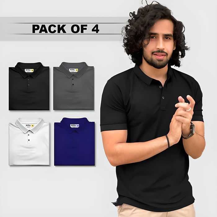 Men's Multicolor Solid Half Sleeve Polo T-Shirt Set of 4