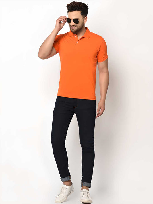 Men's Orange Cotton Blend Solid Half Sleeve Polo T-Shirt