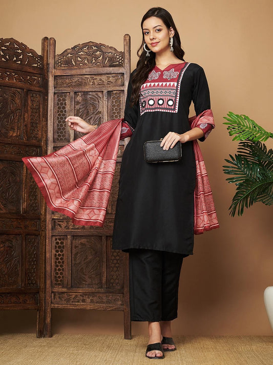 Elegant Black Printed Kurta Pant Set with Dupatta for Women