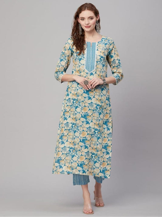 Floral Printed Blue Cotton Kurta and Pant Ensemble