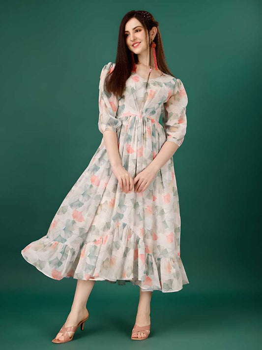 Floral Print Puff Sleeve Midi Dress for Women