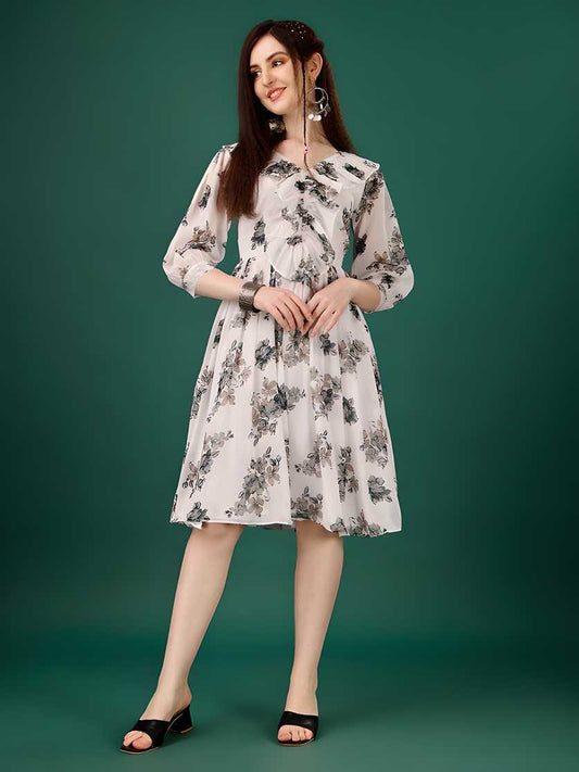 Floral Print Puff Sleeve Flared Short Dress for Women