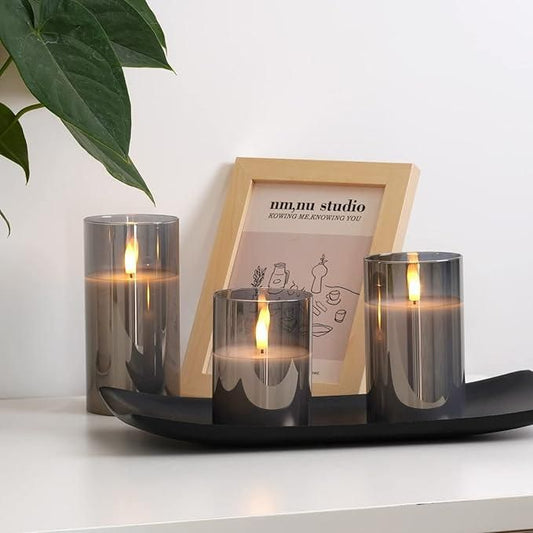 Enchanting Grey Glass Battery-Operated Flameless Candles with Timer