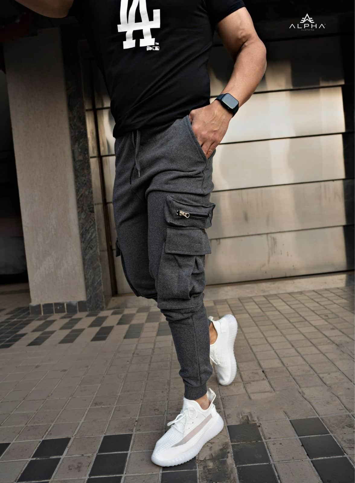 Men's Stretchable Textured Cotton Joggers in Grey