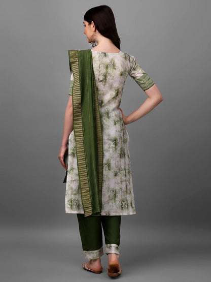 Olive Printed Cotton Kurta Set with Dupatta and Pants for Women