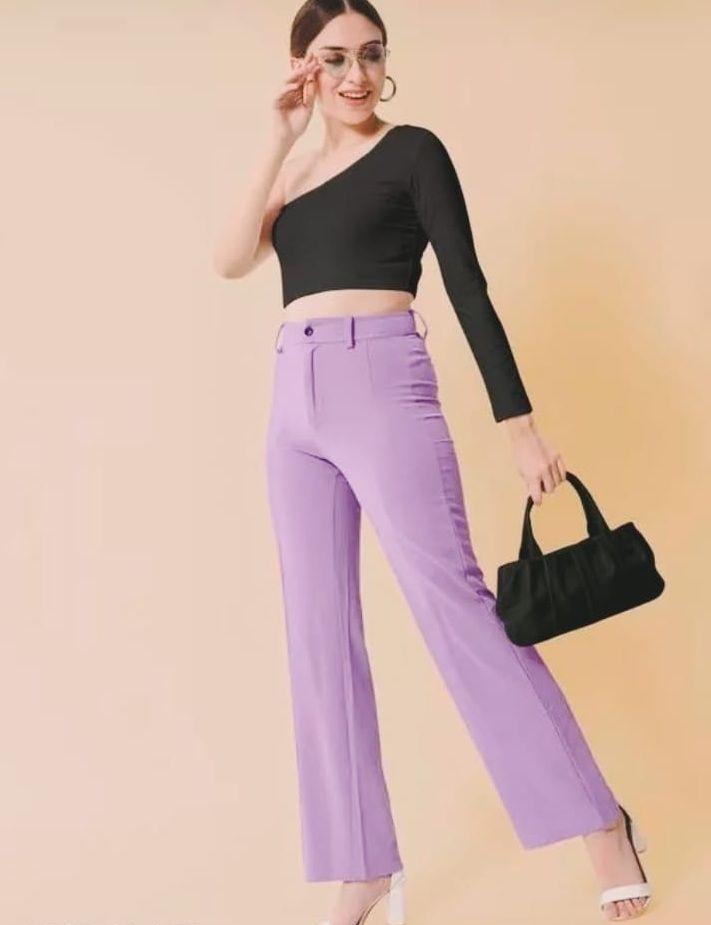 Chic Lavender and Peach Lycra Solid Trousers Set for Women