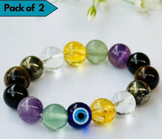 Natural Stones (Pyrite, Amethyst, Tiger's eye, Black Tourmaline, Citrine) Beads Bracelet - Pack Of 2