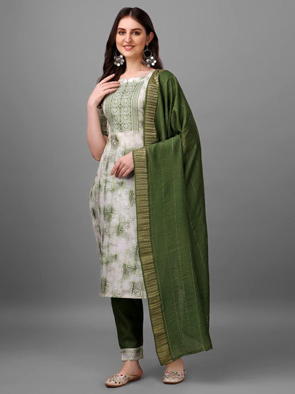 Olive Printed Cotton Kurta Set with Dupatta and Pants for Women