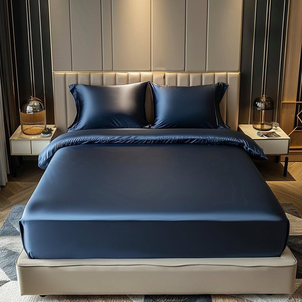 Luxurious Navy Blue Satin Fitted Bedsheet Set with 2 Pillow Covers