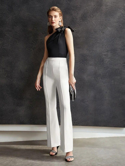 Women's White Flat Front Casual Trousers