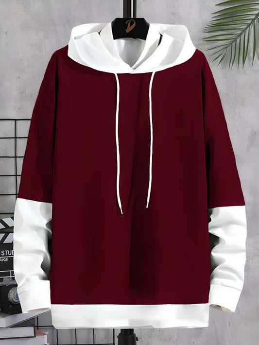 Maroon Color Block Loose-Fit Cotton Blend Hoodie for Men