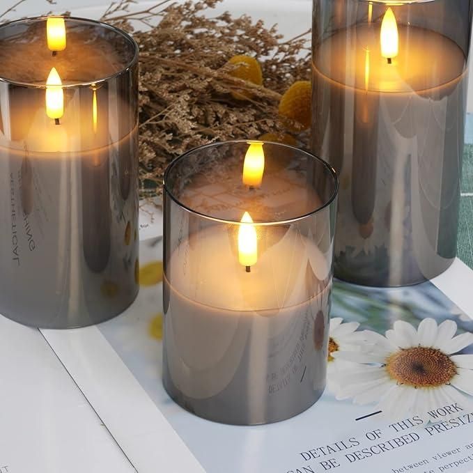 Enchanting Grey Glass Battery-Operated Flameless Candles with Timer