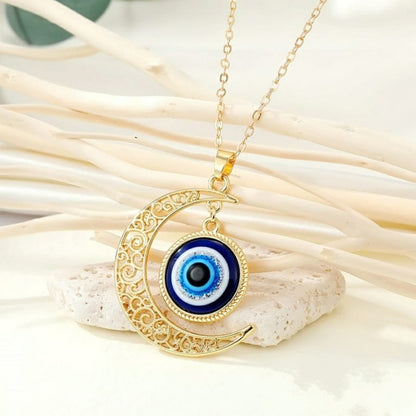 Luxe Gold Crescent Moon Pendant with Evil Eye Necklace