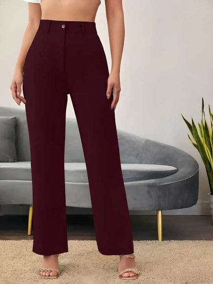 Chic High-Waisted Maroon Lycra Trousers for Women