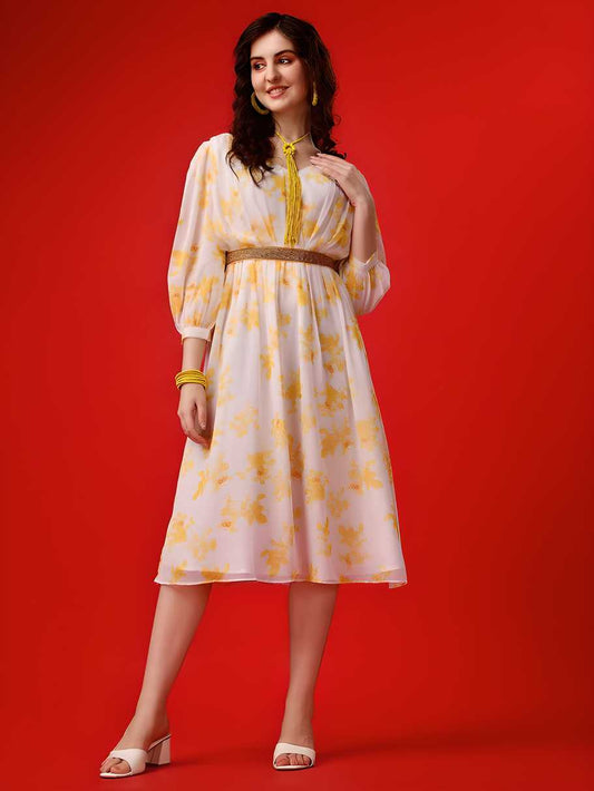 Yellow Printed Georgette Flared Midi Dress for Women