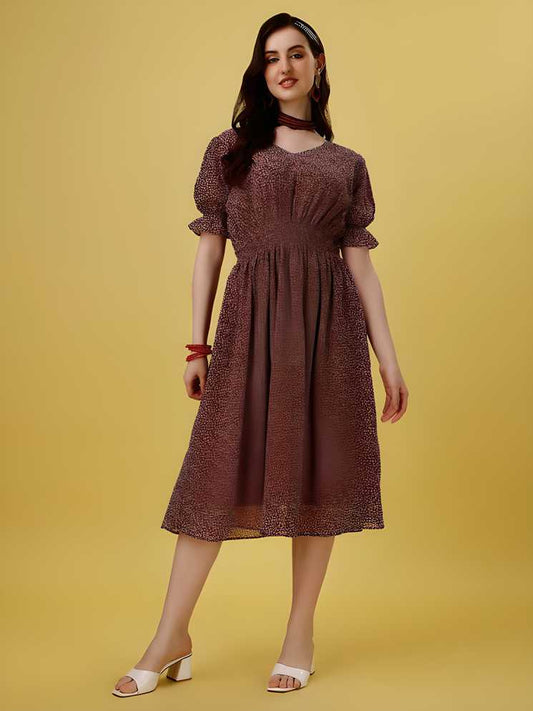 Maroon Georgette A-Line Midi Dress with Puff Sleeves