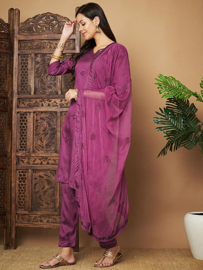 Embroidered Purple Silk Kurta Set for Women with Matching Dupatta