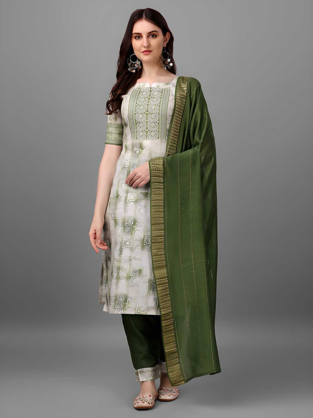 Olive Printed Cotton Kurta Set with Dupatta and Pants for Women