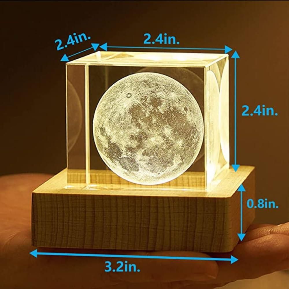 Illuminated 3D Crystal Moon Cube with LED Base Night Light