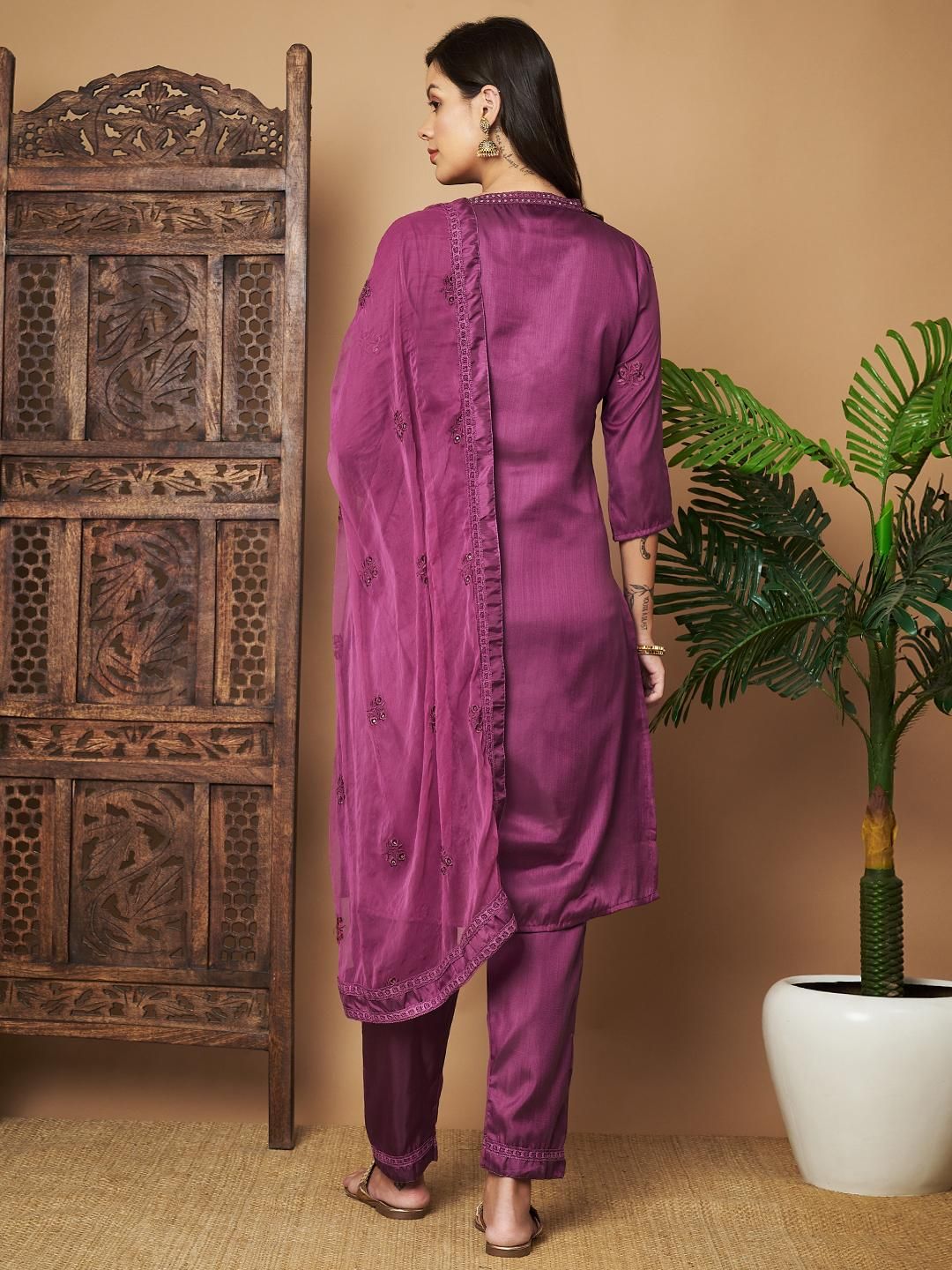 Embroidered Purple Silk Kurta Set for Women with Matching Dupatta