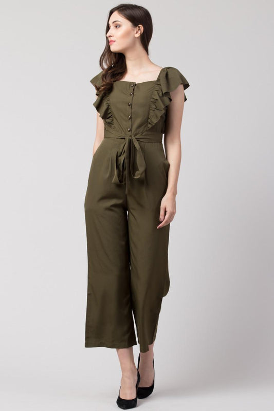 Olive Cape Sleeve Polyester Jumpsuit