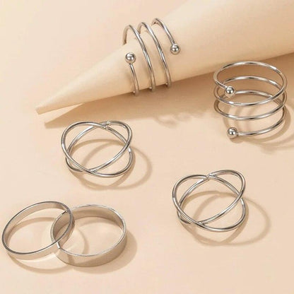 Geometric Silver Plated Cross Twist Open Ring Set for Women (6 Pieces)