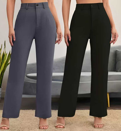 Chic Grey and Black High-Rise Lycra Trousers Set for Women