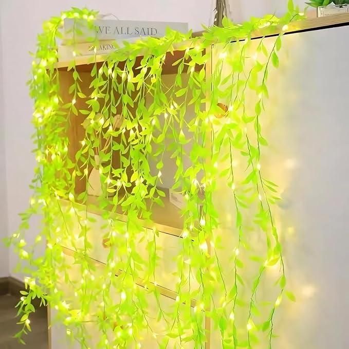 Artificial Green Leaf LED Curtain Lights with 200 LEDs, 8 Lighting Modes, and Remote Control