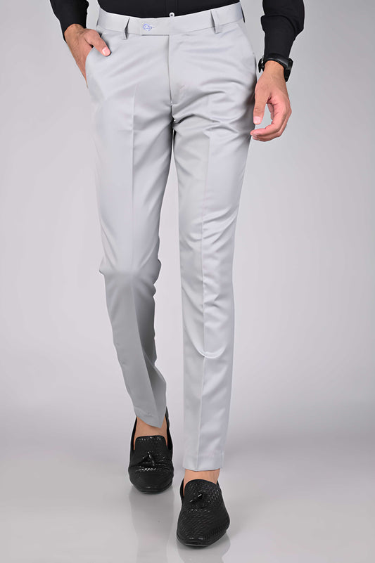 Light Grey Cotton Regular Fit Men's Dress Trousers