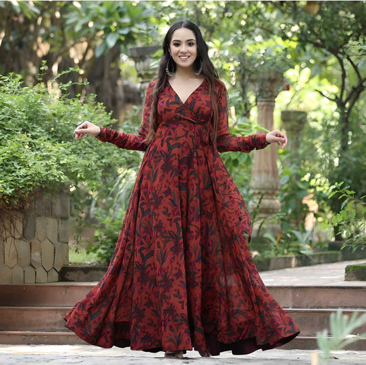 Rust Georgette Floral Flare Gown for Women