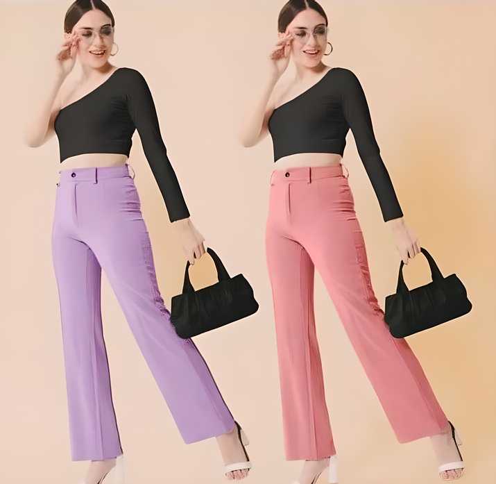 Chic Lavender and Peach Lycra Solid Trousers Set for Women