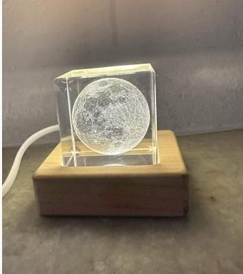 Illuminated 3D Crystal Moon Cube with LED Base Night Light