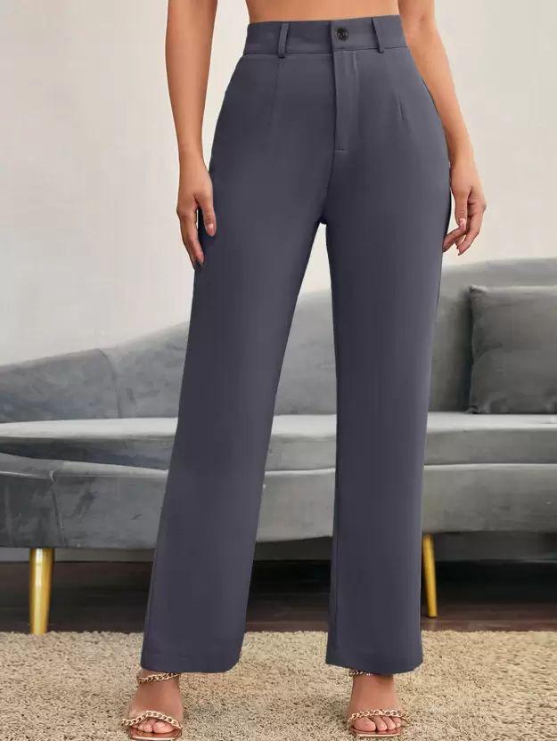 Chic Grey and Black High-Rise Lycra Trousers Set for Women