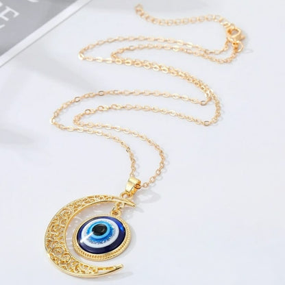 Luxe Gold Crescent Moon Pendant with Evil Eye Necklace