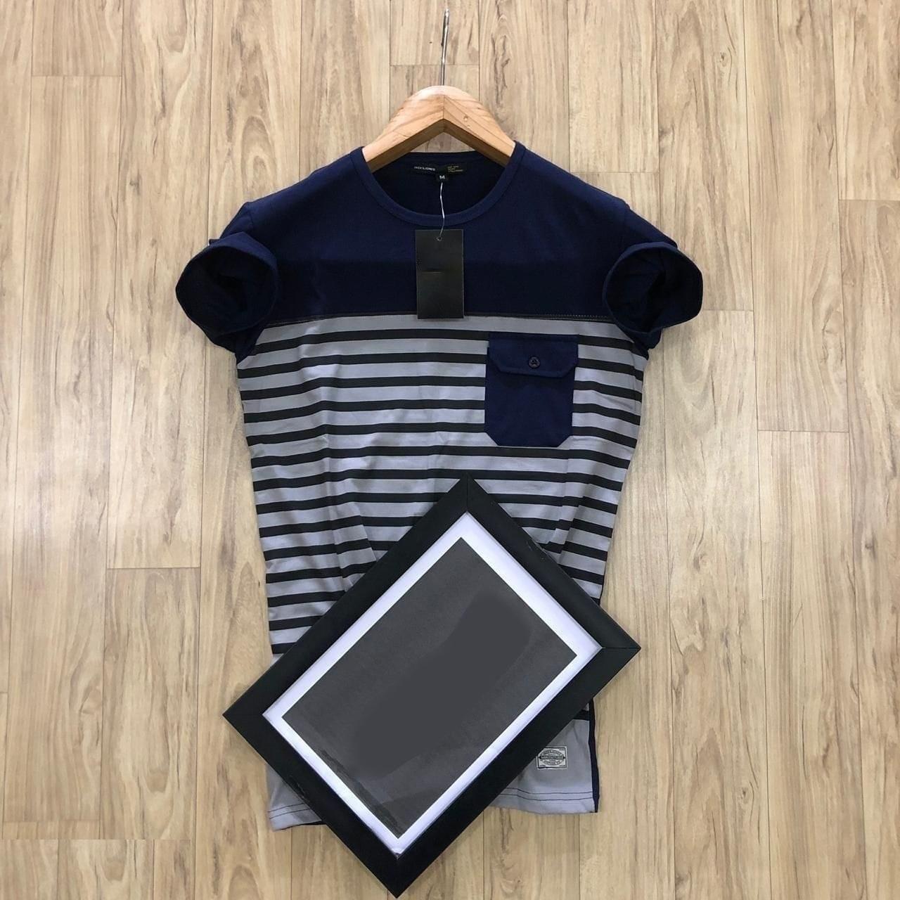 Navy Blue Striped Cotton Half Sleeve Round Neck Tee for Men