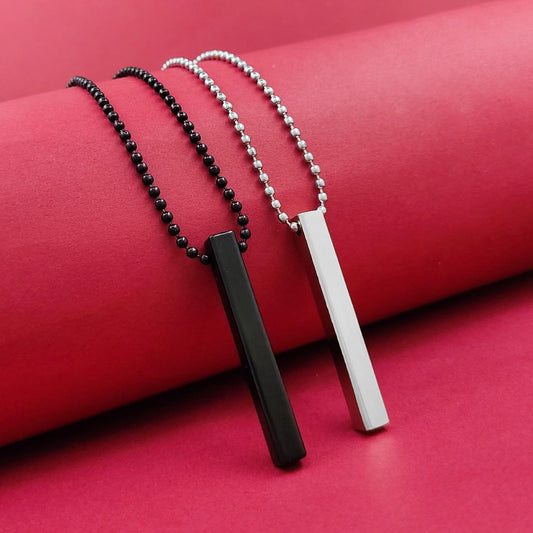 Elegant Rhodium Alloy 3D Vertical Bar Cuboid Locket Pendant Necklace in Silver and Black