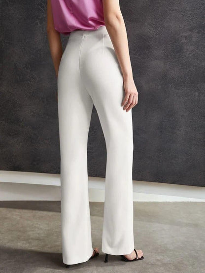 Women's White Flat Front Casual Trousers