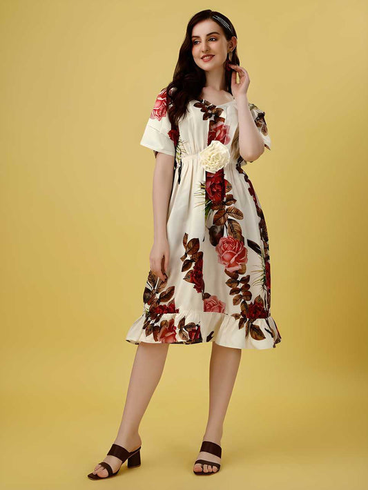 Women's Cream Floral Print Midi Flare Dress