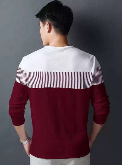 Mena Men's Maroon Color Block Full Sleeve Cotton Tee