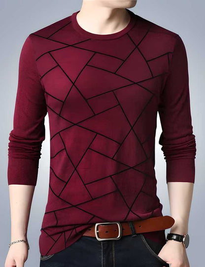 Men's Maroon Full Sleeves Cotton Blend T-Shirt