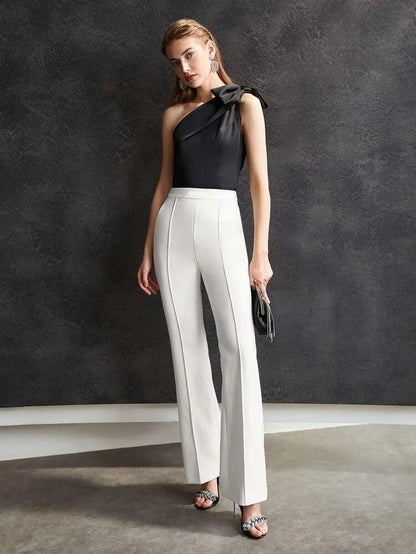 Women's White Flat Front Casual Trousers