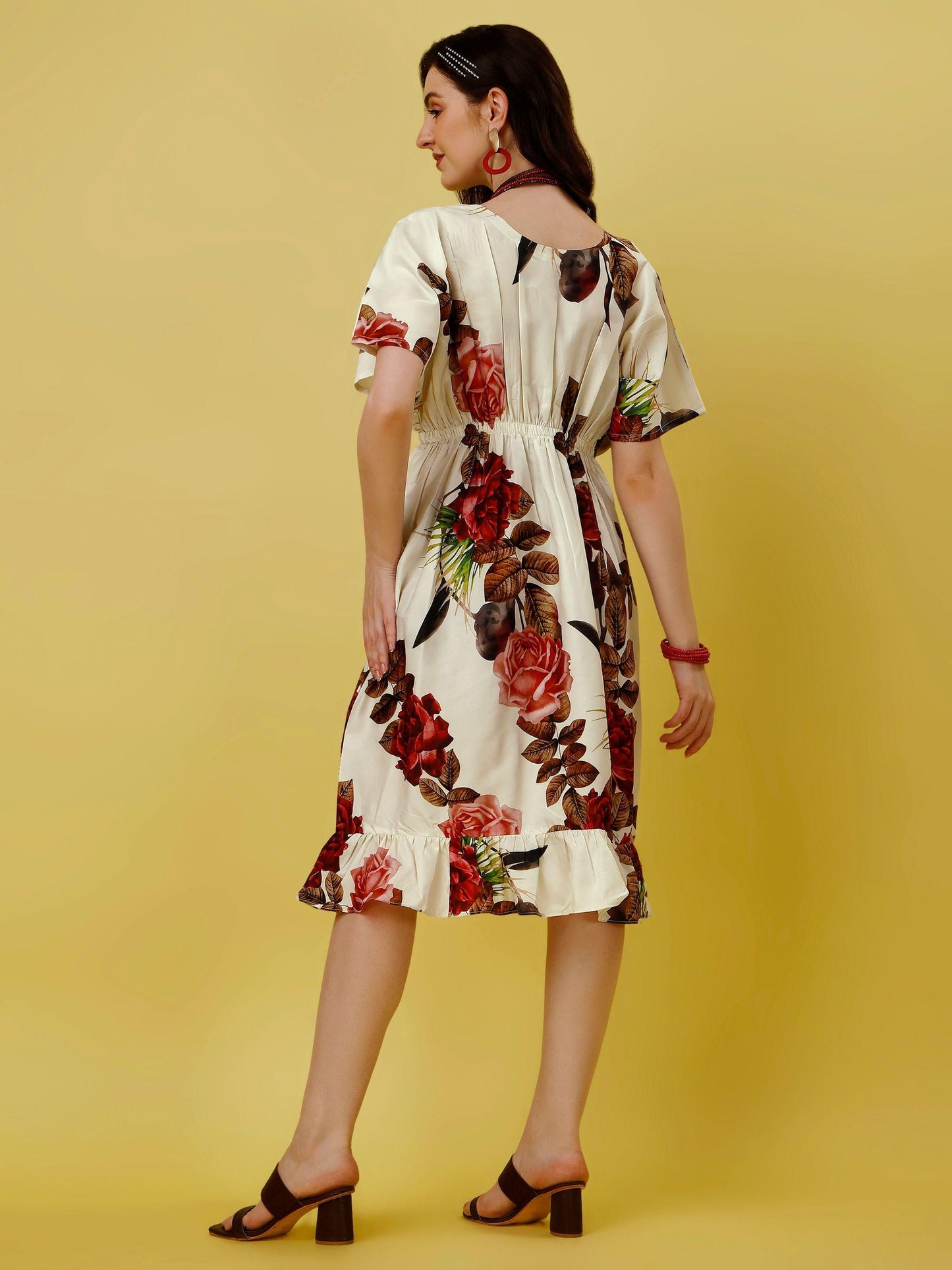 Women's Cream Floral Print Midi Flare Dress