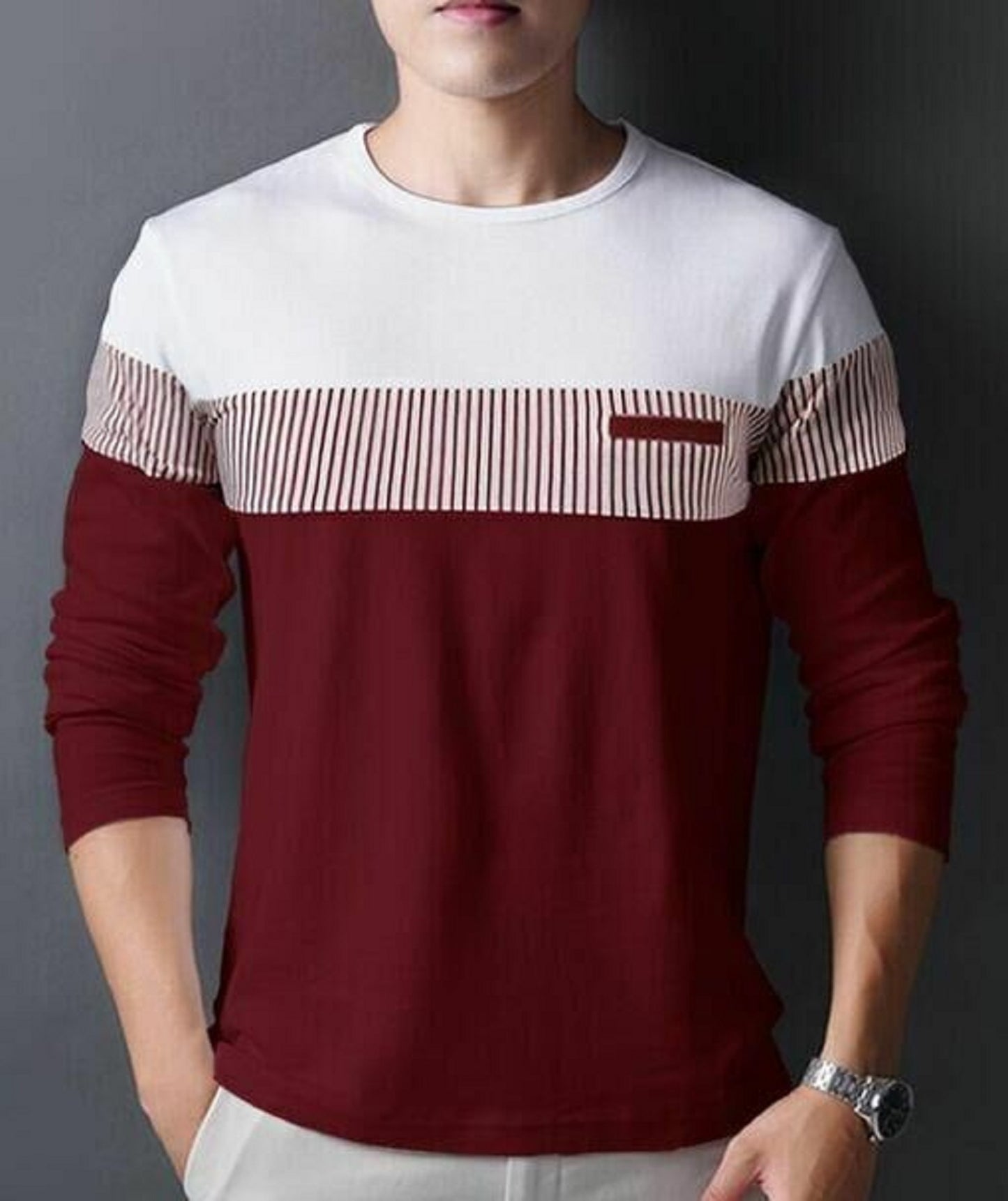 Mena Men's Maroon Color Block Full Sleeve Cotton Tee