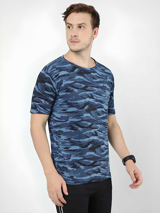 Casual Printed Blue Cotton T-Shirt for Men with Half Sleeves