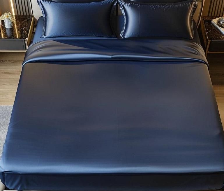 Luxurious Navy Blue Satin Fitted Bedsheet Set with 2 Pillow Covers