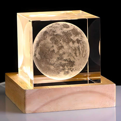 Illuminated 3D Crystal Moon Cube with LED Base Night Light