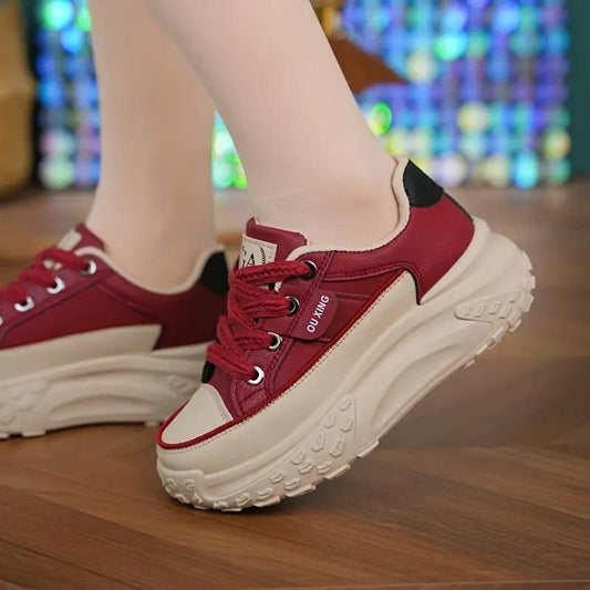 Ladies' Red Lace-Up Casual Sneakers