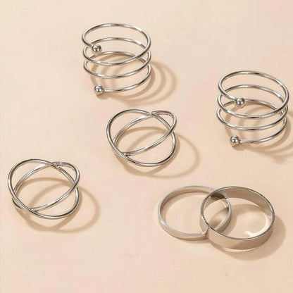 Geometric Silver Plated Cross Twist Open Ring Set for Women (6 Pieces)